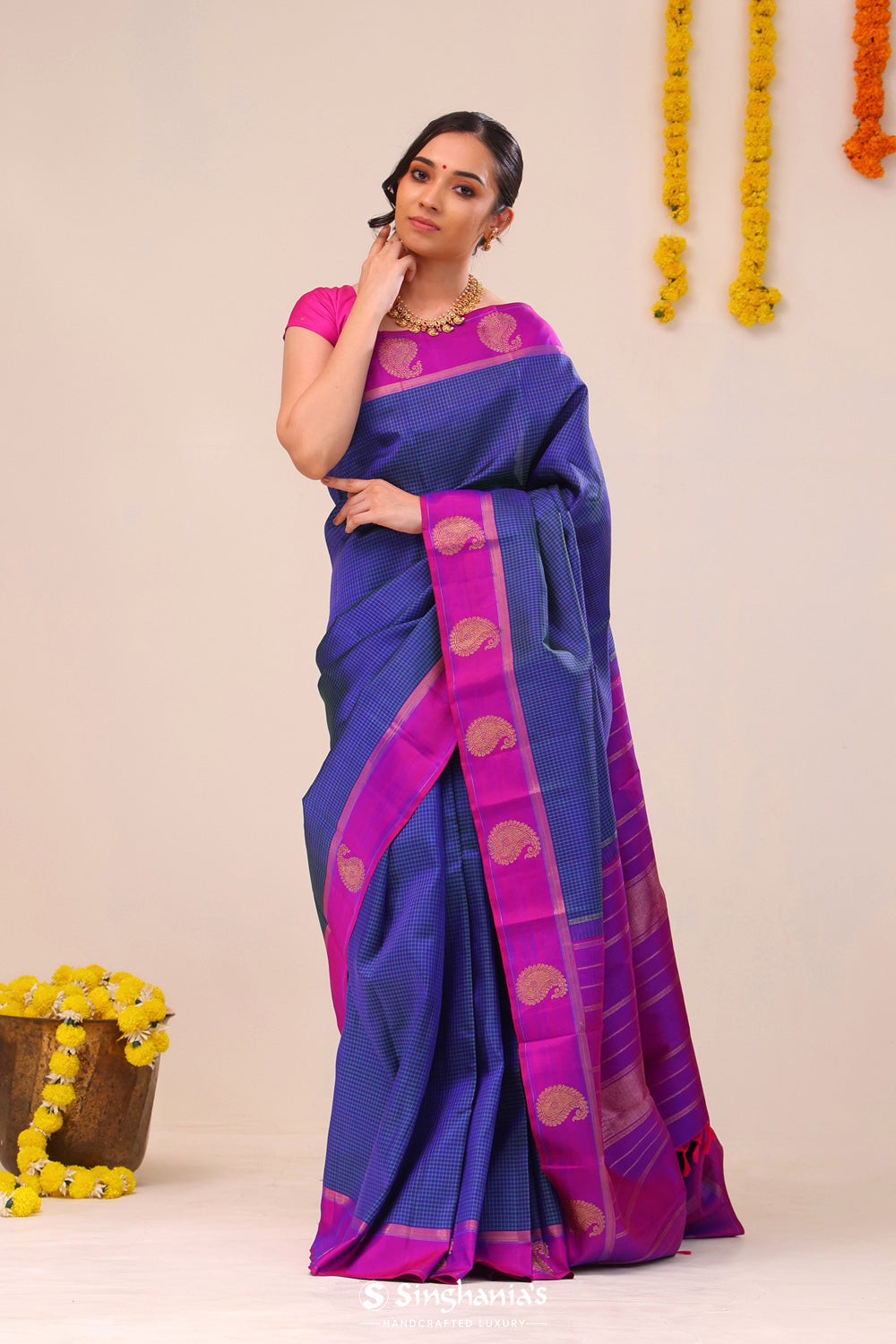 Royal Blue Checks Kanjivaram Silk Saree