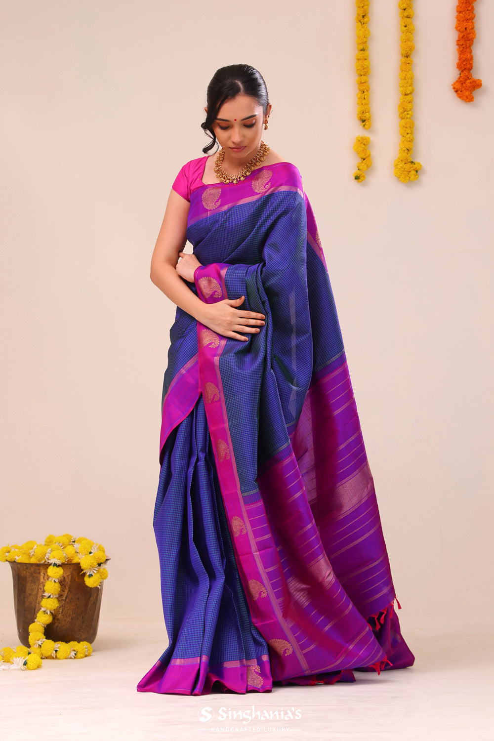 Royal Blue Checks Kanjivaram Silk Saree