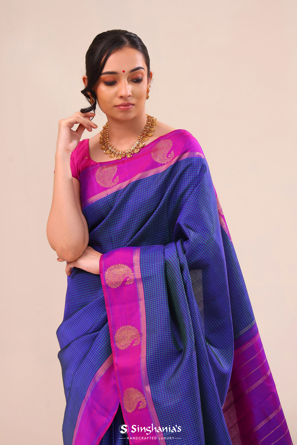 Royal Blue Checks Kanjivaram Silk Saree