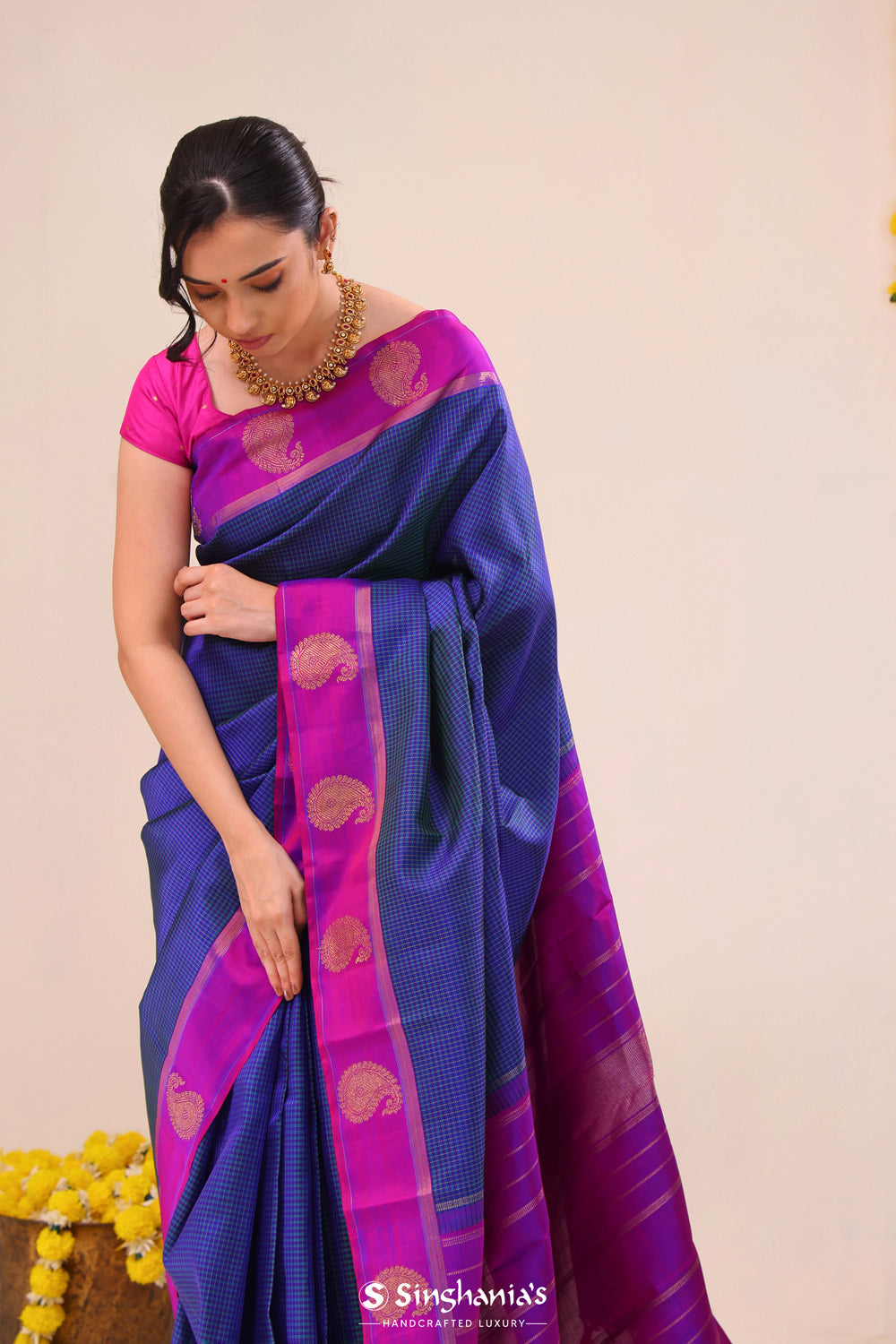 Royal Blue Checks Kanjivaram Silk Saree