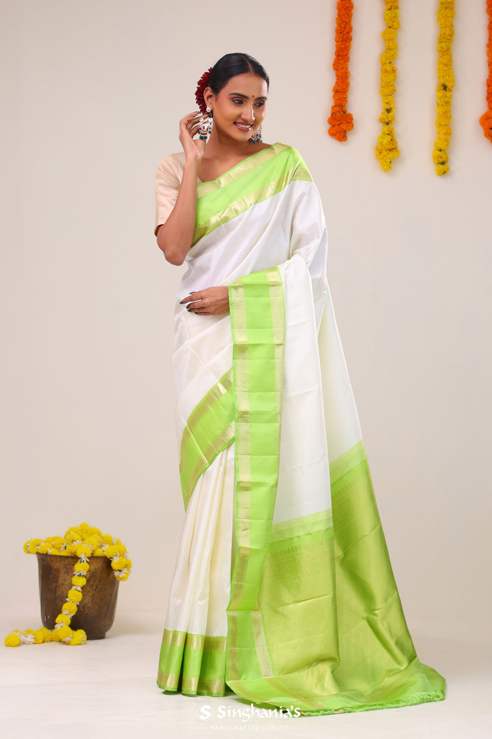 Cream White Kanjivaram Silk Saree