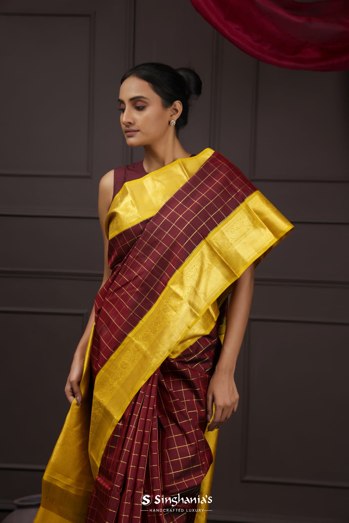 Royal Maroon Kanjivaram Silk Saree With Checks Weaving