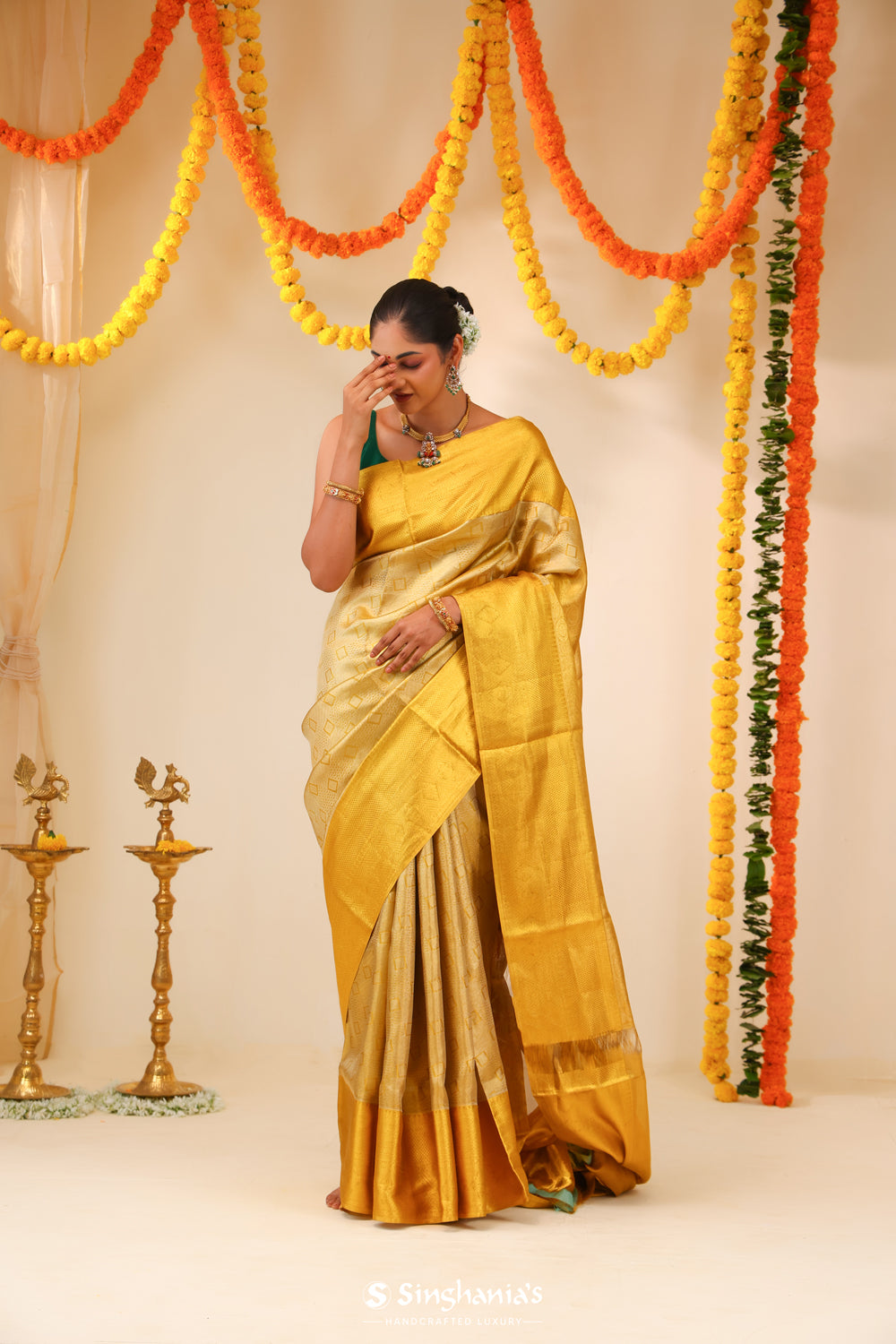 Hansa Yellow Tissue Kanjivaram Saree With Geometrical Weaving