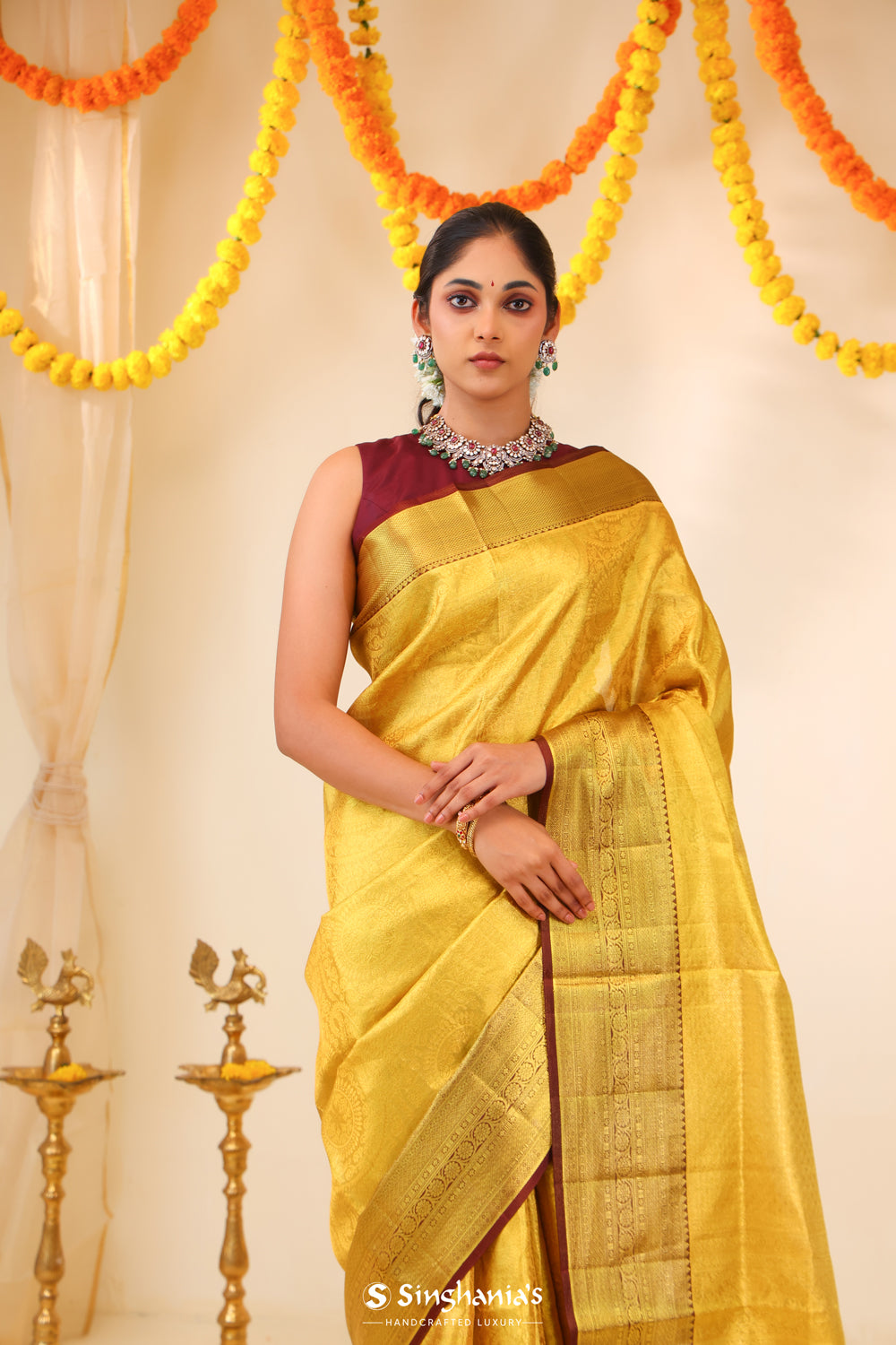 Pastel Gold Tissue Kanjivaram Saree With Floral Weaving