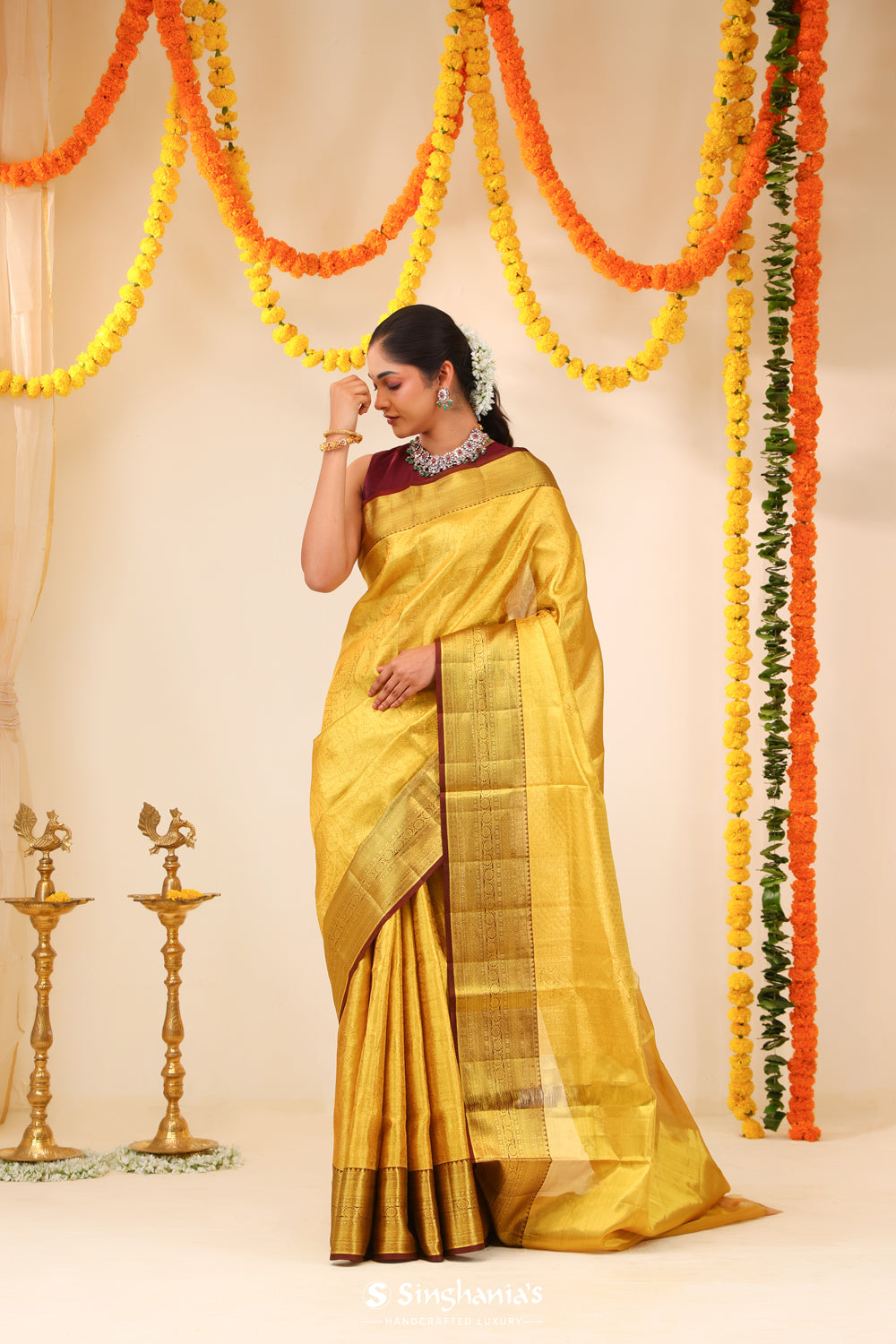 Pastel Gold Tissue Kanjivaram Saree With Floral Weaving