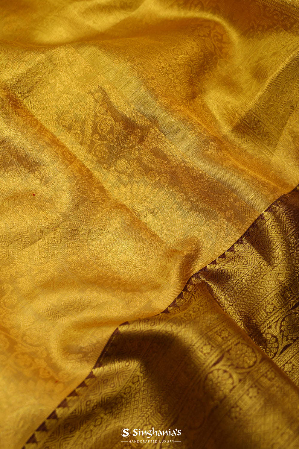 Pastel Gold Tissue Kanjivaram Saree With Floral Weaving