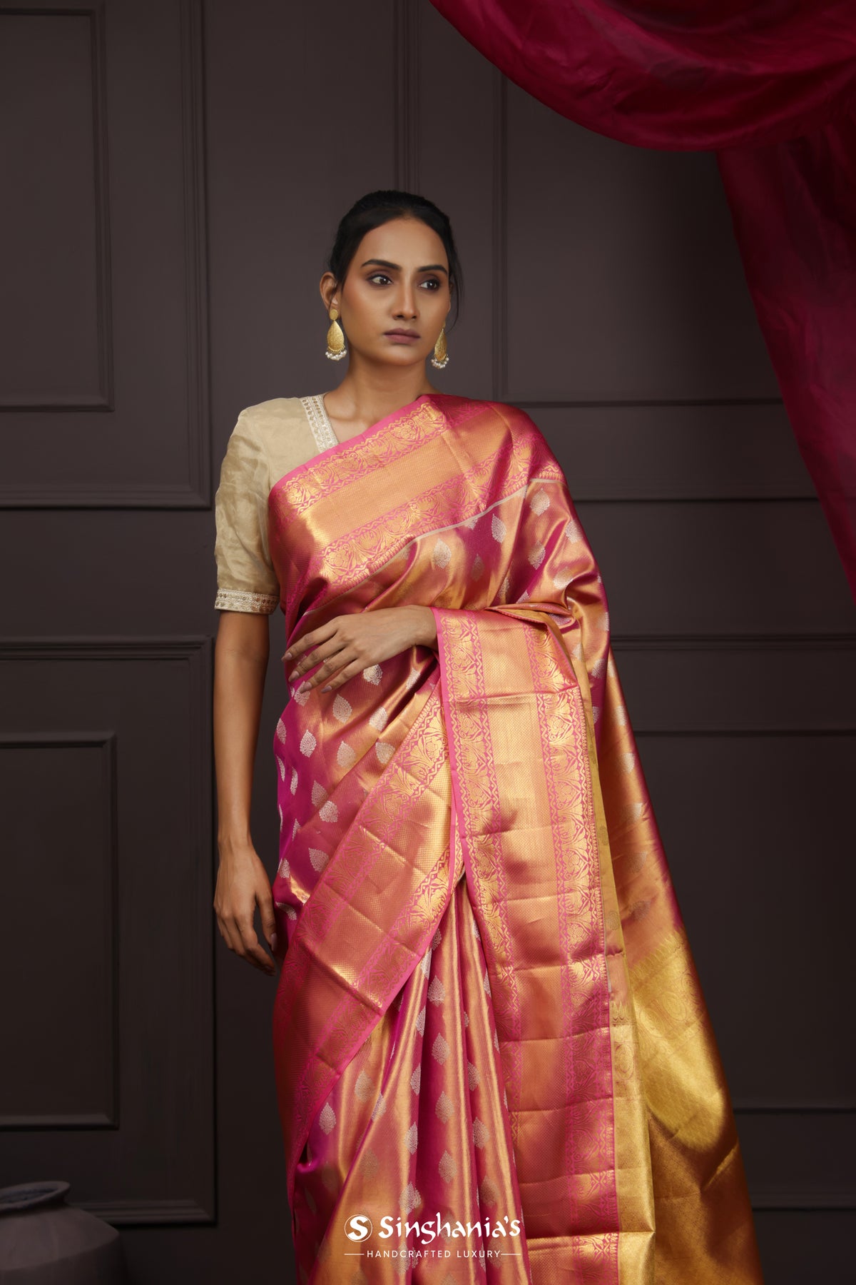 Rose Gold Tissue Kanjivaram Saree With Floral Butta Weaving