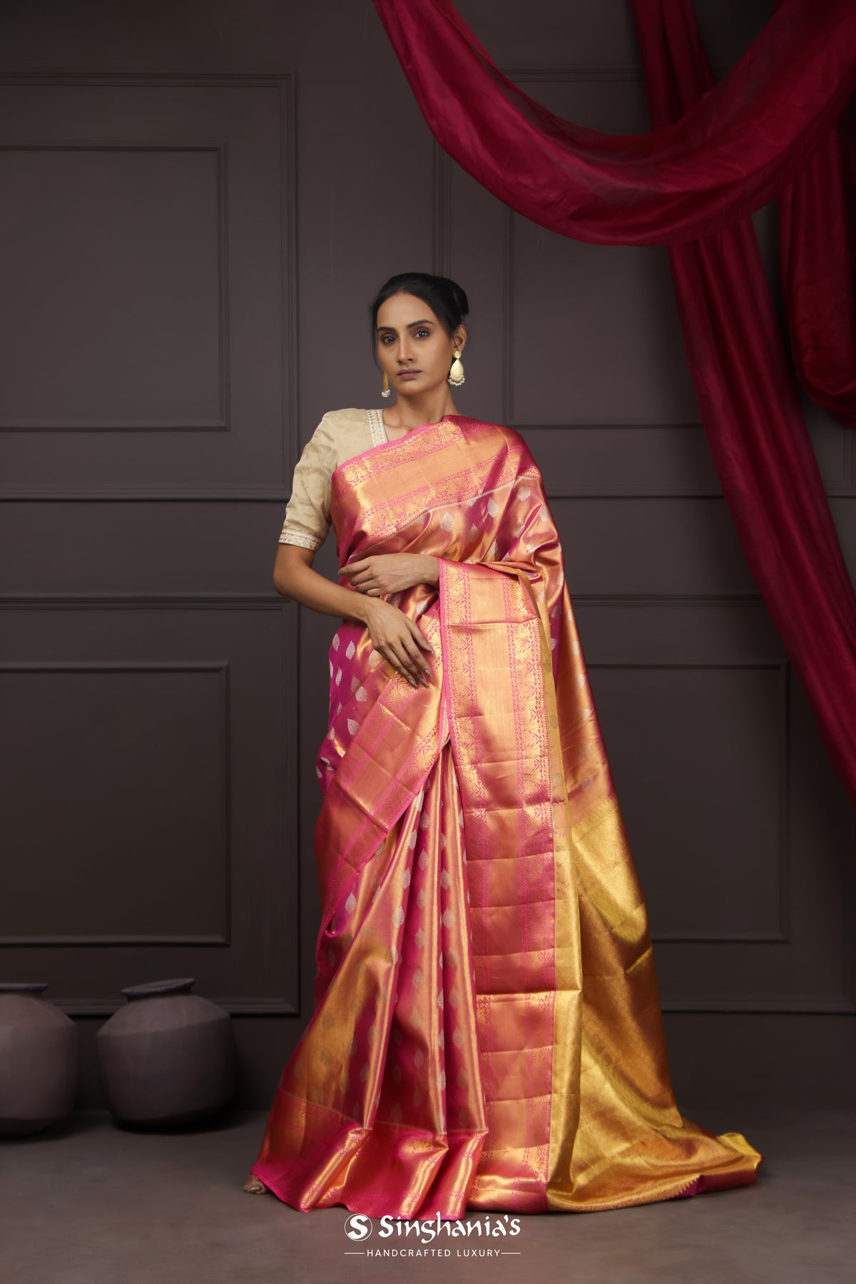 Rose Gold Tissue Kanjivaram Saree With Floral Butta Weaving