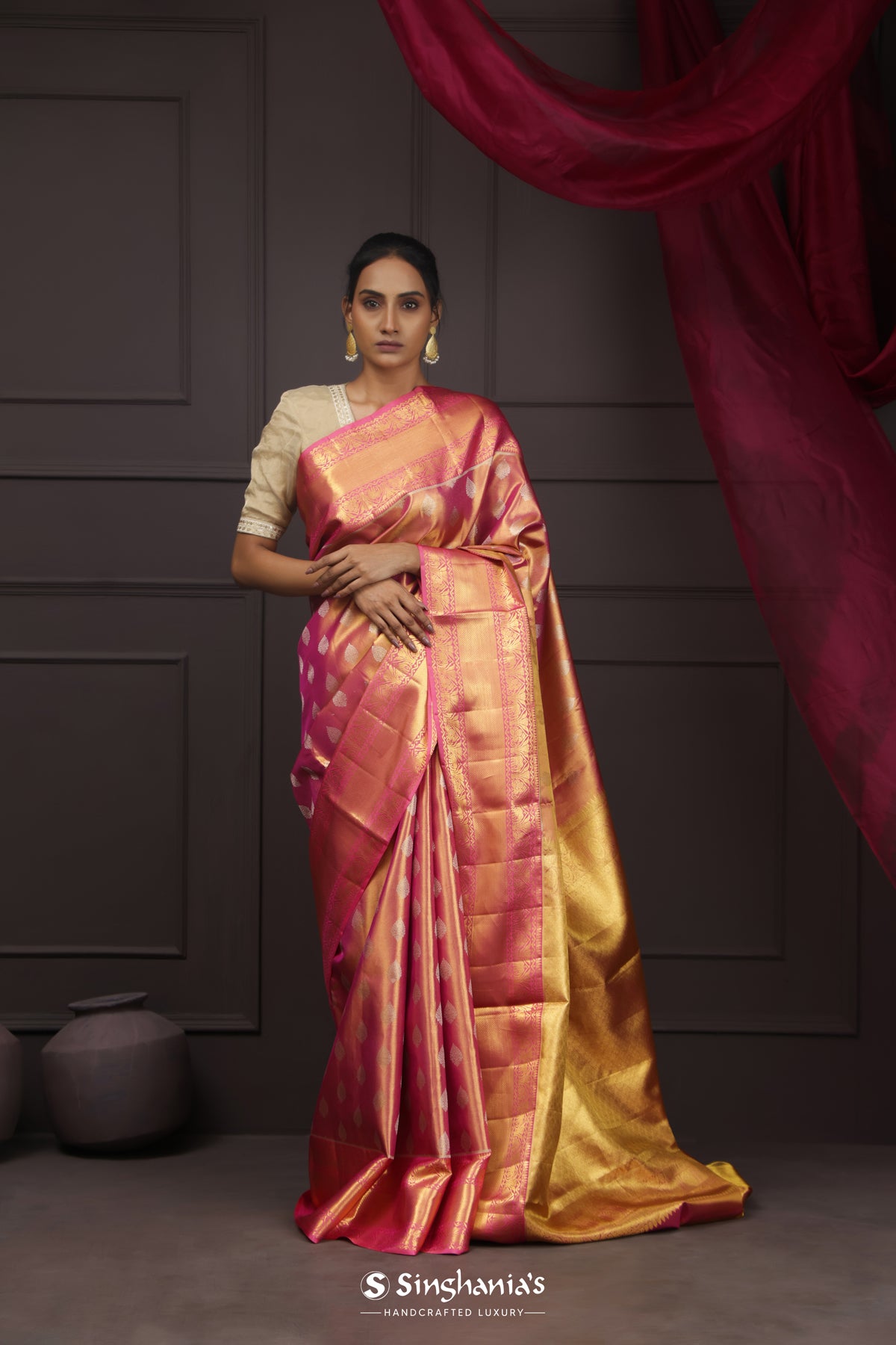 Rose Gold Tissue Kanjivaram Saree With Floral Butta Weaving