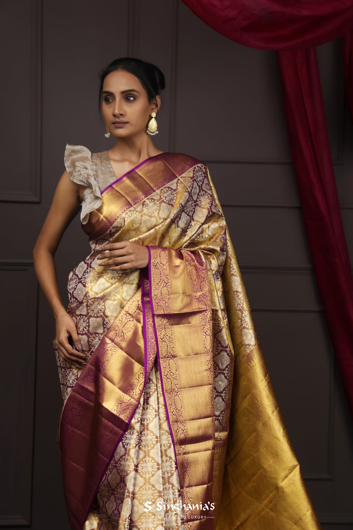 Gold Purple Kanjivaram Silk Saree With Floral Jaal Design