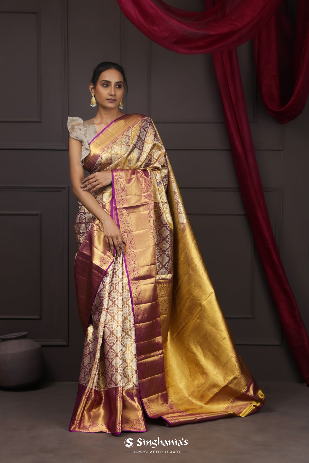 Gold Purple Kanjivaram Silk Saree With Floral Jaal Design