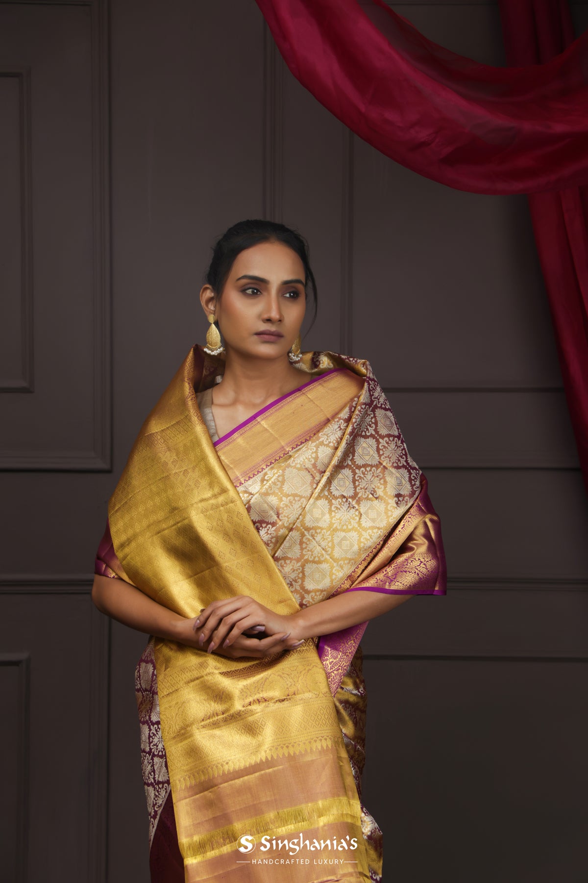 Gold Purple Kanjivaram Silk Saree With Floral Jaal Design