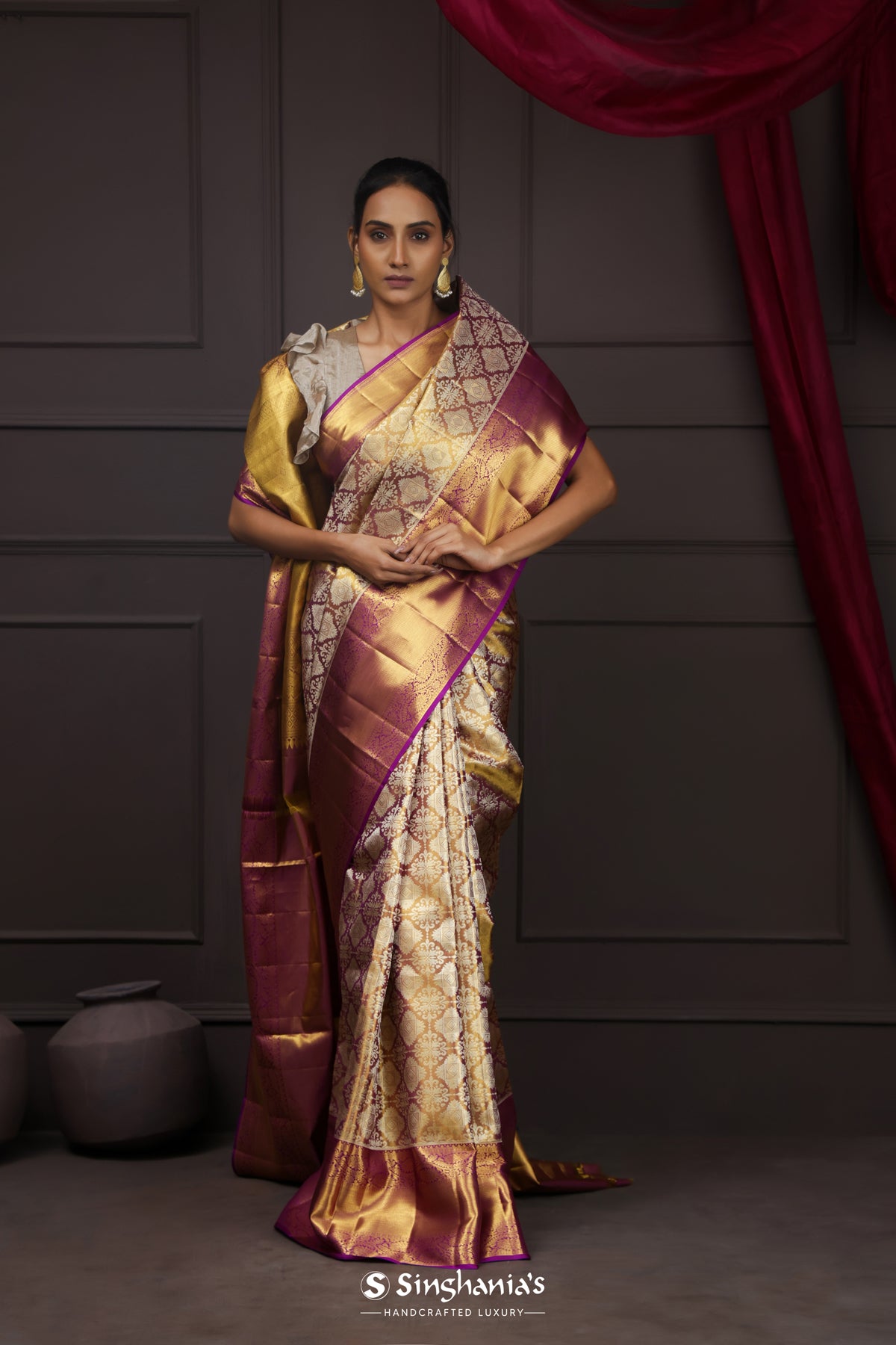 Gold Purple Kanjivaram Silk Saree With Floral Jaal Design