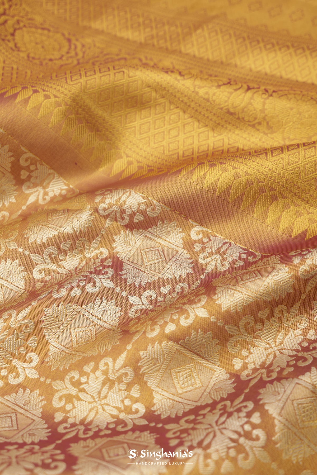 Gold Purple Kanjivaram Silk Saree With Floral Jaal Design