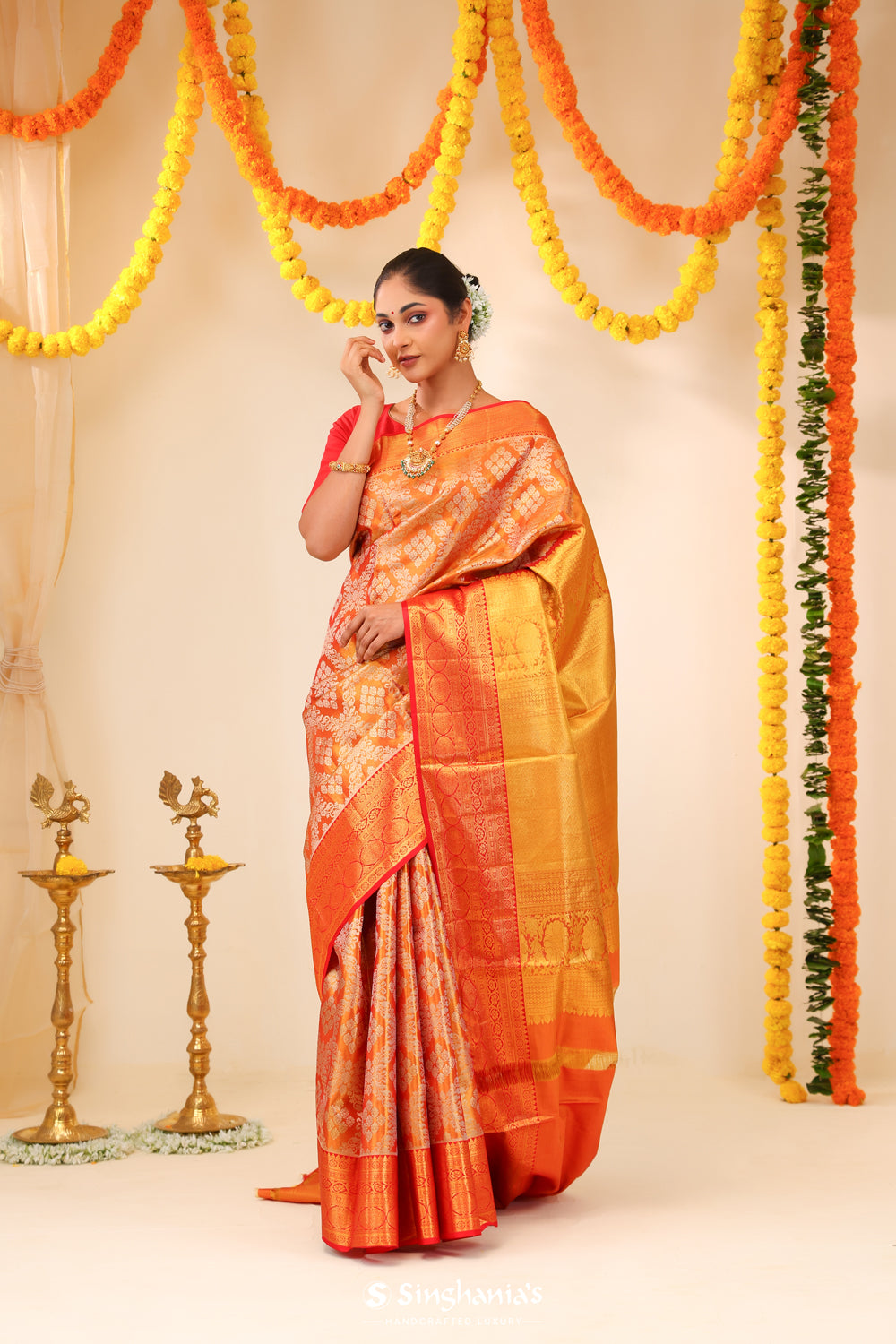 Peach Orange Tissue Kanjivaram Saree With Floral Jaal Weaving