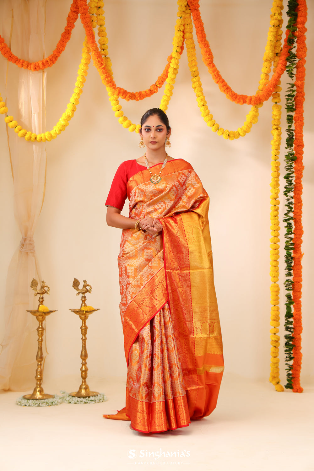 Peach Orange Tissue Kanjivaram Saree With Floral Jaal Weaving