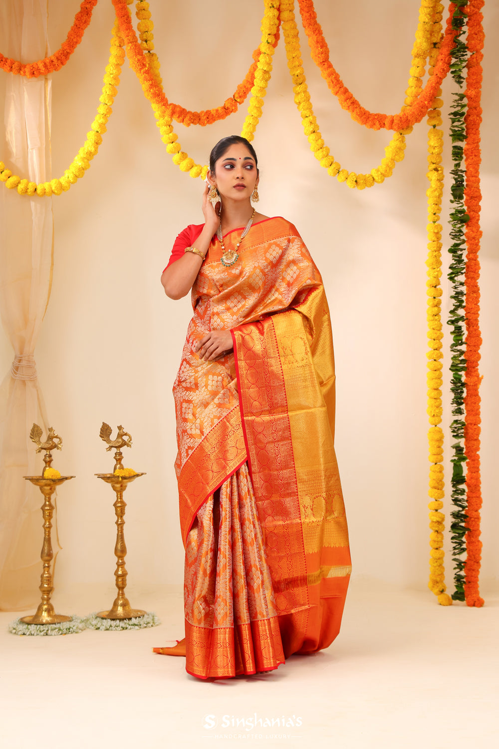 Peach Orange Tissue Kanjivaram Saree With Floral Jaal Weaving