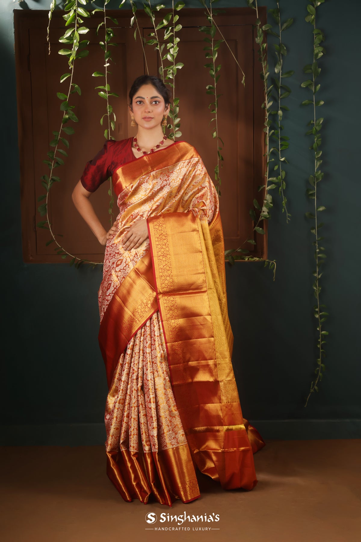 Dark Orange Kanjivaram Silk Saree With Floral Jaal Weaving