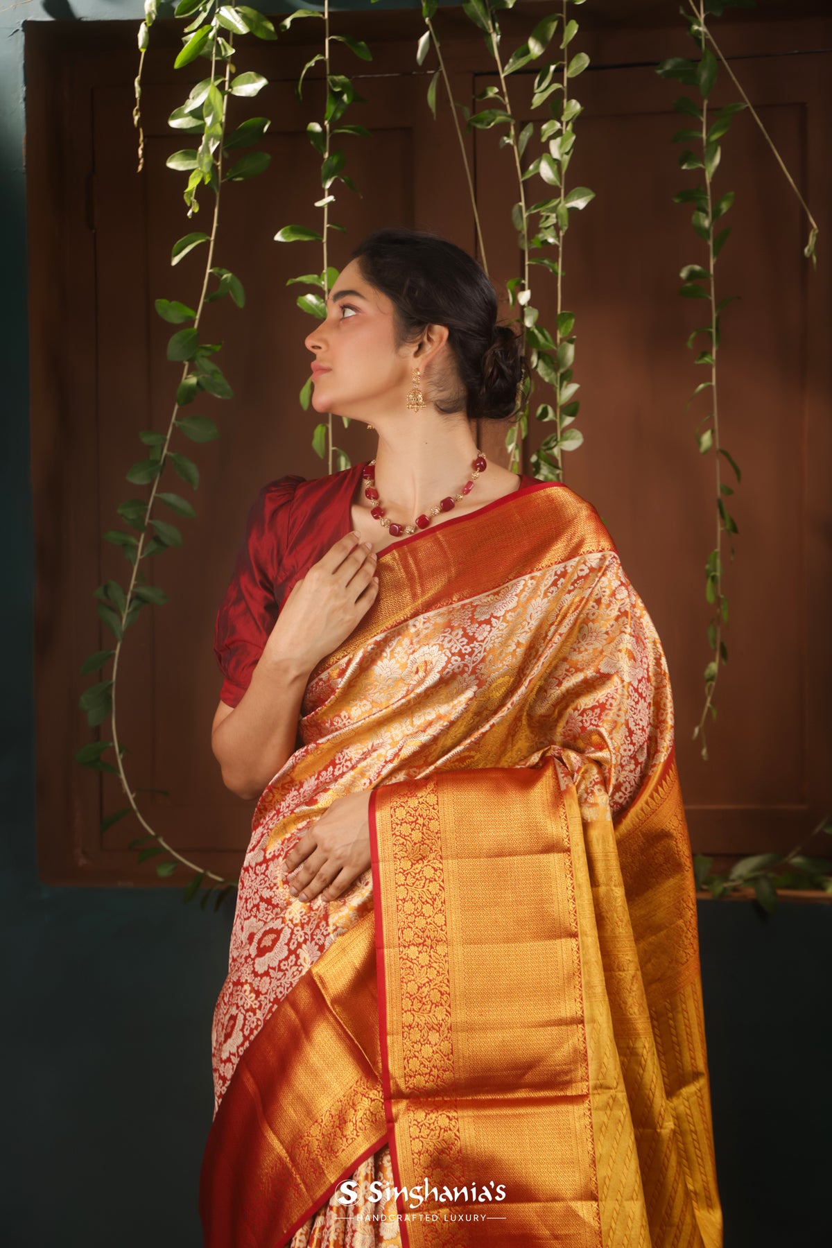 Dark Orange Kanjivaram Silk Saree With Floral Jaal Weaving