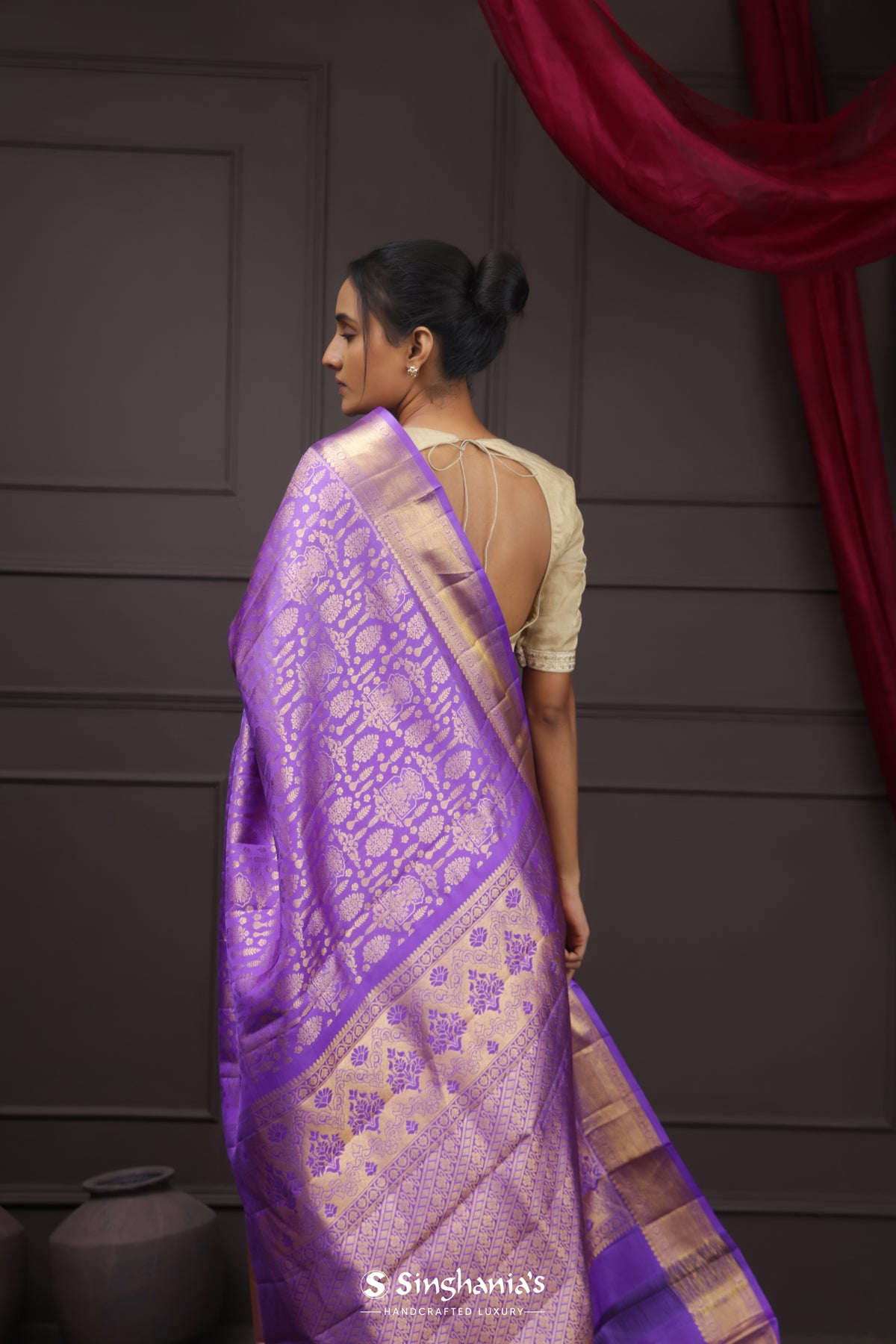 Blue Violet Kanjivaram Silk Saree With Floral Jaal Work