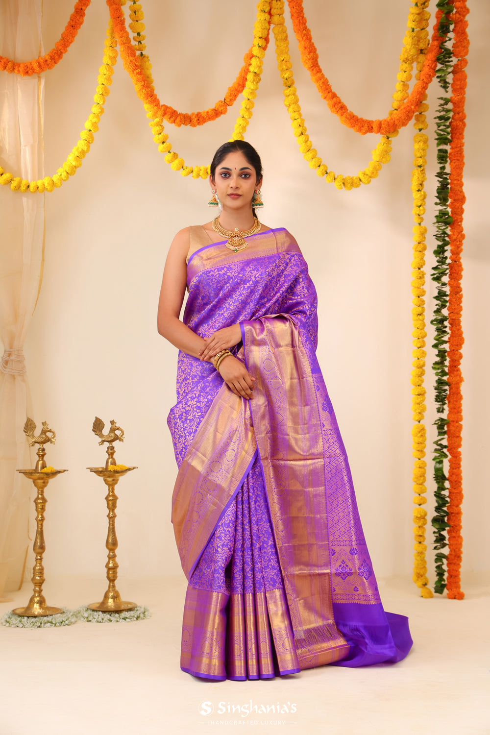 Bright Purple Tissue Kanjivaram Saree With Floral Jaal Weaving