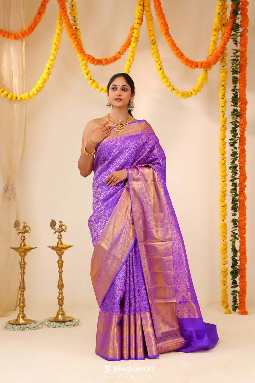 Bright Purple Tissue Kanjivaram Saree With Floral Jaal Weaving