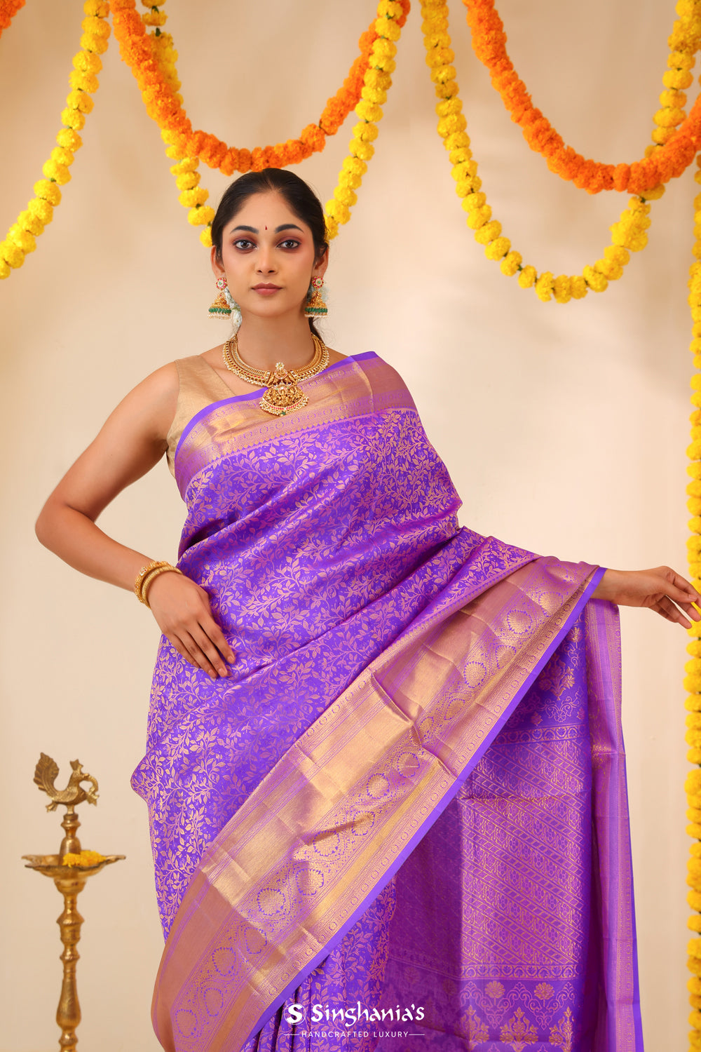 Bright Purple Tissue Kanjivaram Saree With Floral Jaal Weaving