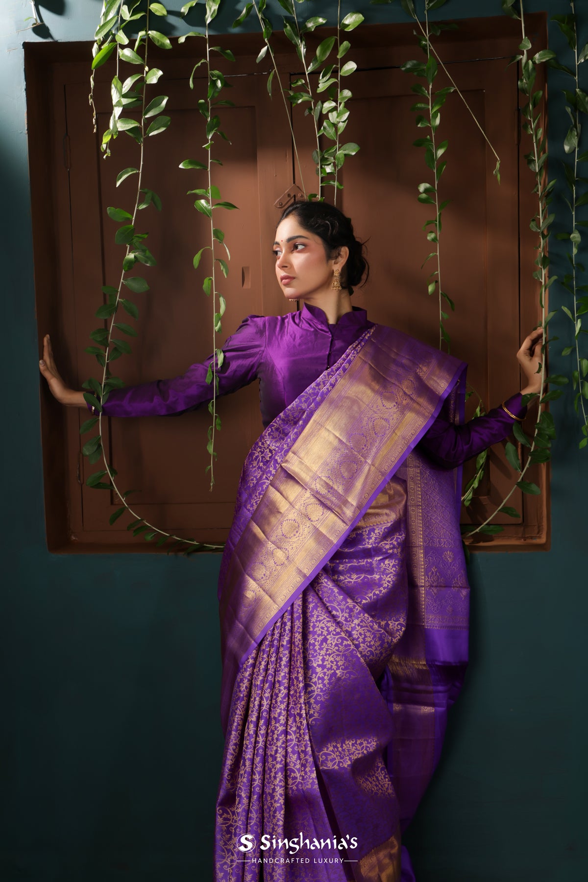 Bright Purple Kanjivaram Silk Saree With Floral Pattern