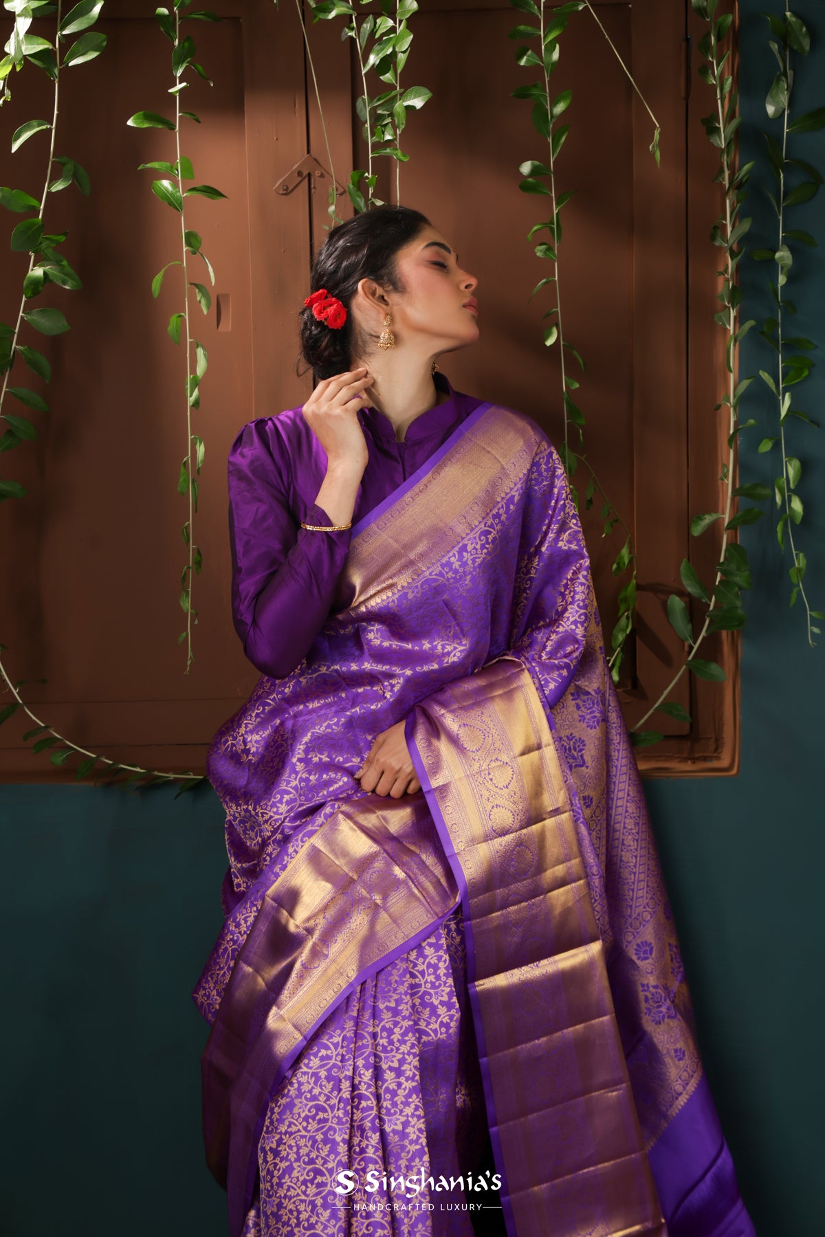 Bright Purple Kanjivaram Silk Saree With Floral Pattern