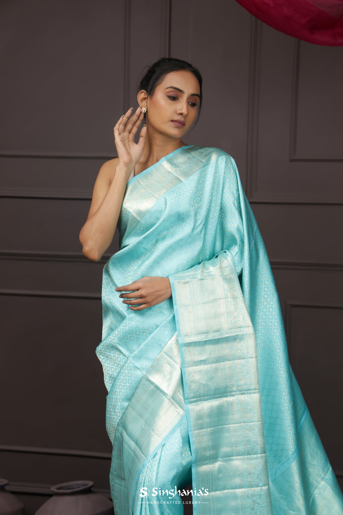 Aqua Blue Kanjivaram Silk Saree With Floral Jaal Weaving