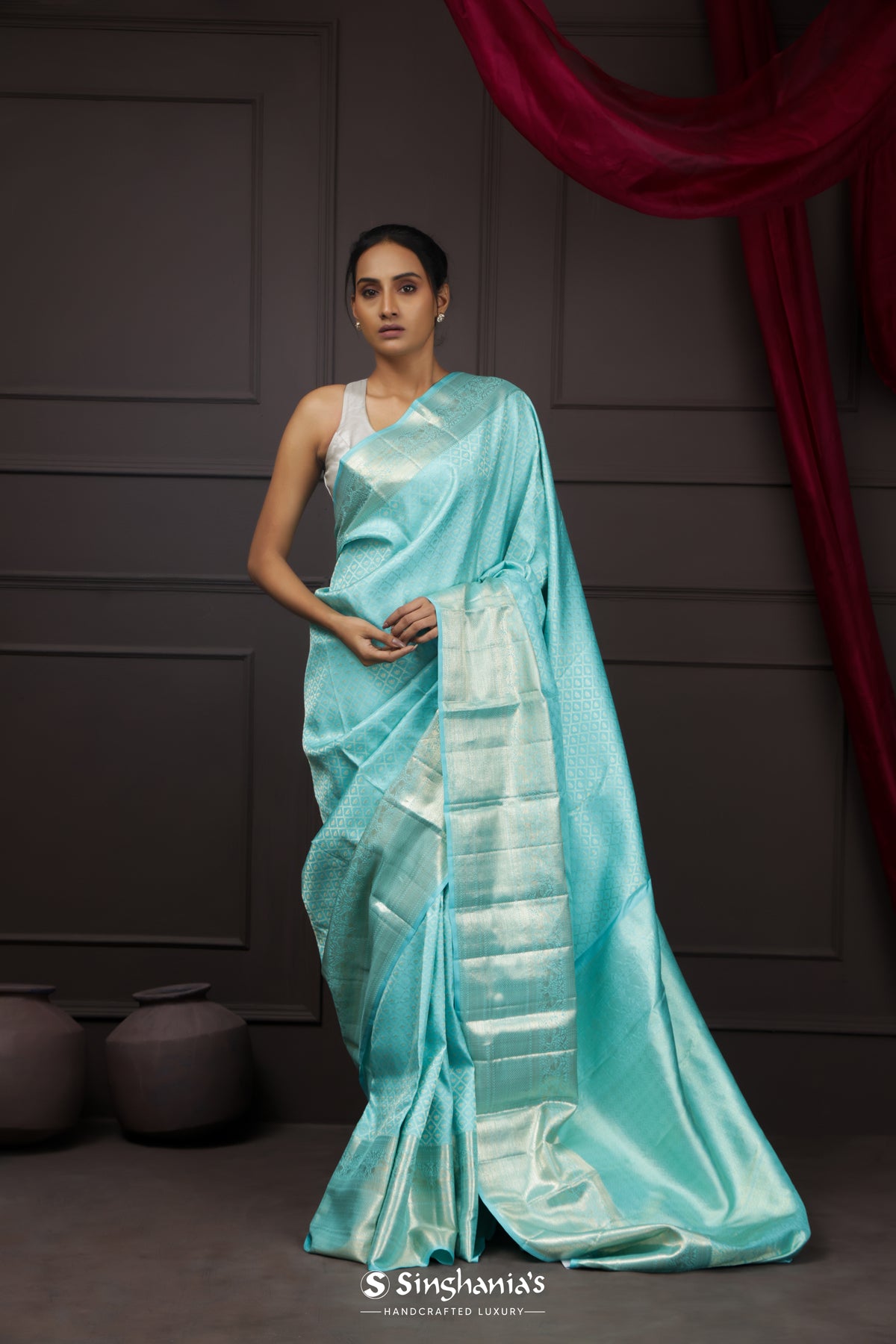 Aqua Blue Kanjivaram Silk Saree With Floral Jaal Weaving