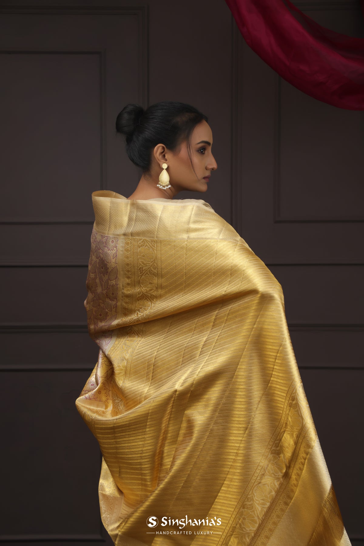 Golden Yellow Tissue Kanjivaram Saree With Floral Jaal Weaving