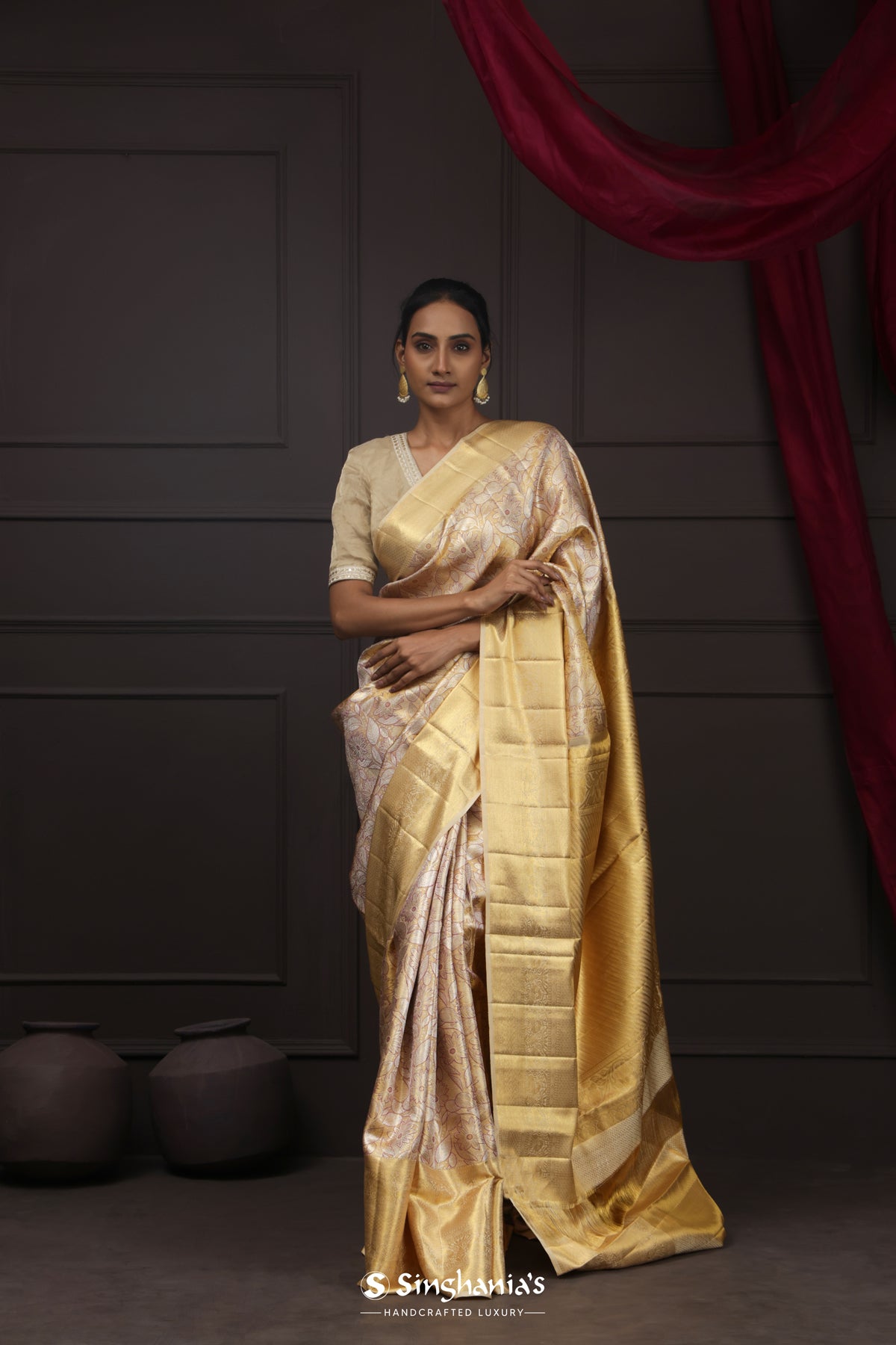 Golden Yellow Tissue Kanjivaram Saree With Floral Jaal Weaving