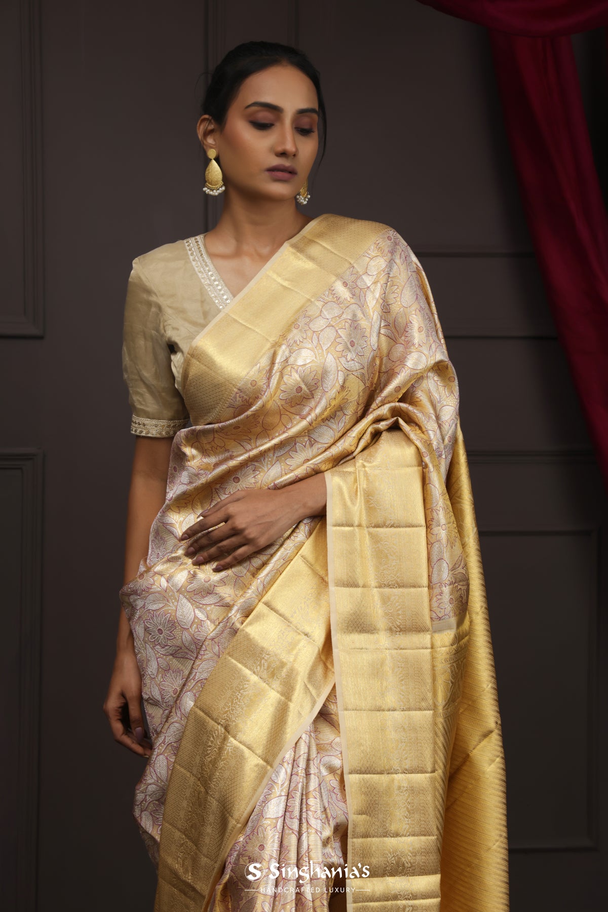 Golden Yellow Tissue Kanjivaram Saree With Floral Jaal Weaving