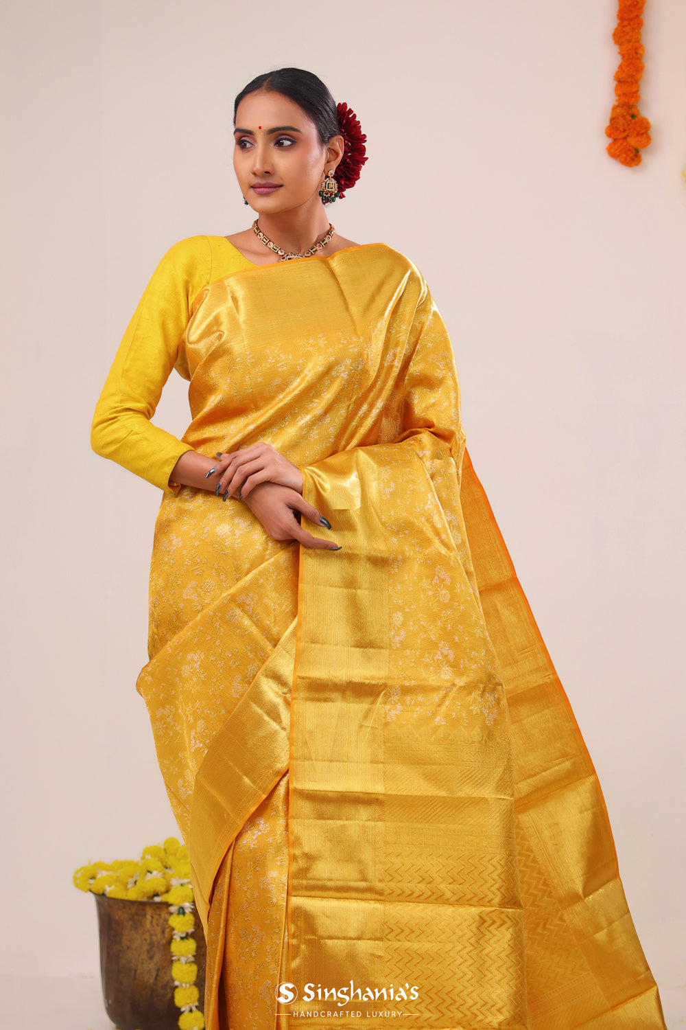 Autumn Gold Floral Jaal Kanjivaram Silk Saree