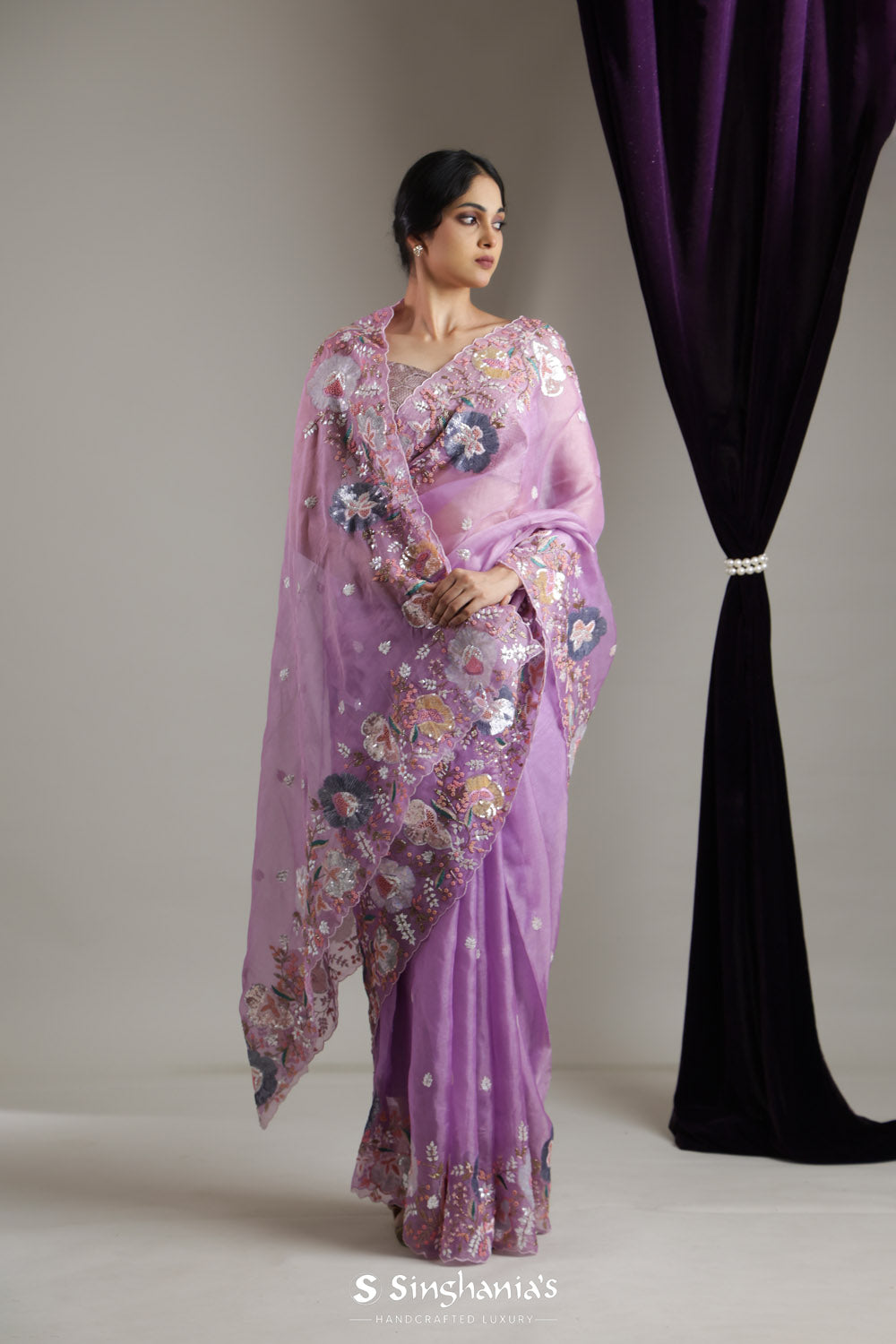 Mauve Purple Designer Organza Saree With Floral Butti Embroidery