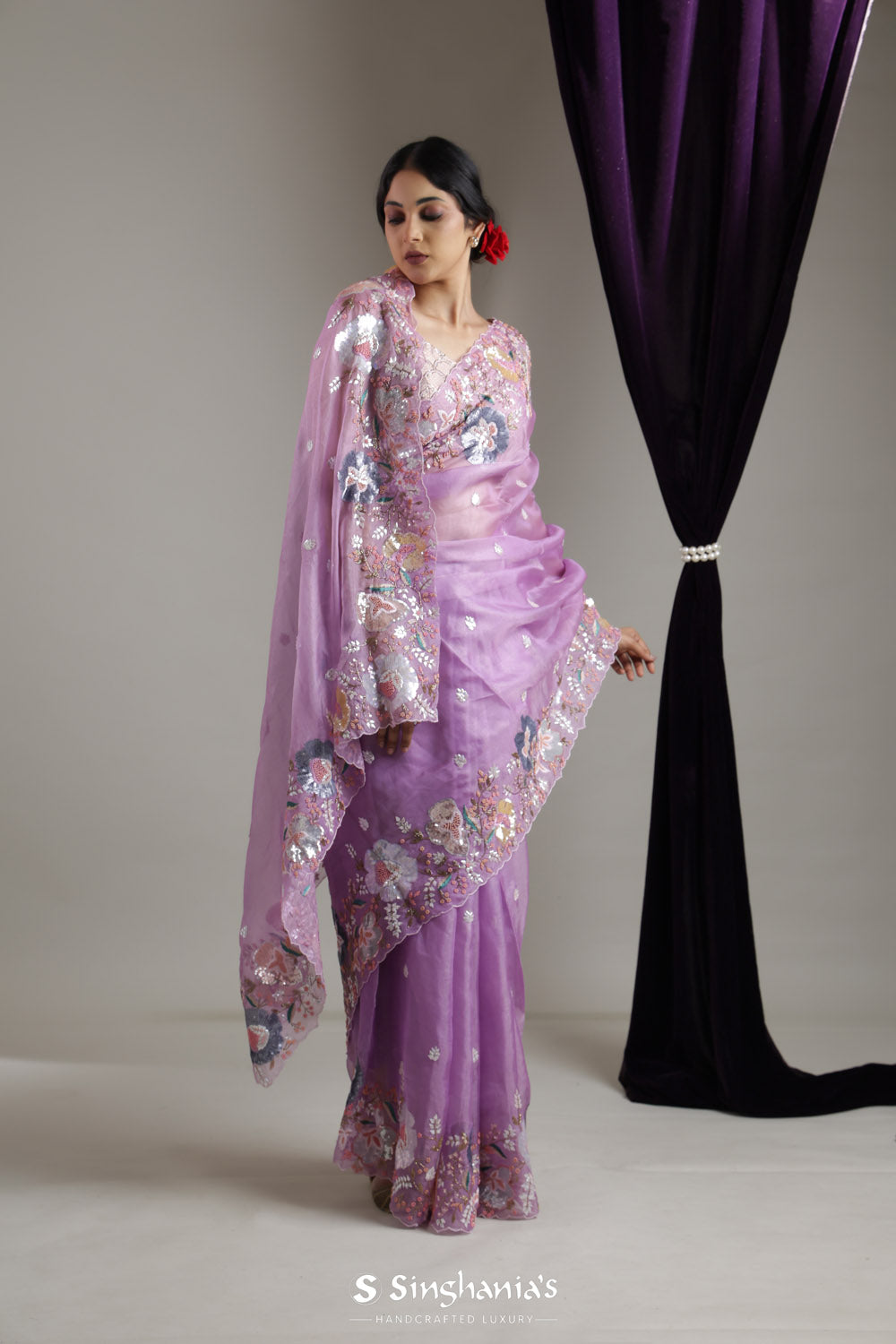 Mauve Purple Designer Organza Saree With Floral Butti Embroidery