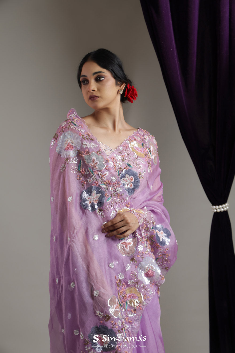 Mauve Purple Designer Organza Saree With Floral Butti Embroidery