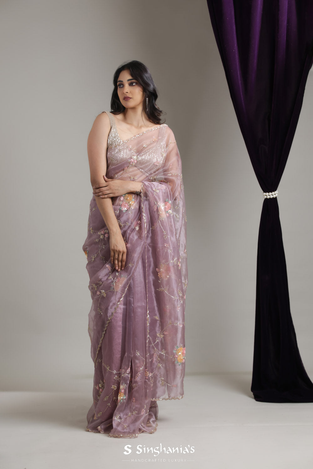 Pale Purple Designer Organza Saree With Hand Embroidery