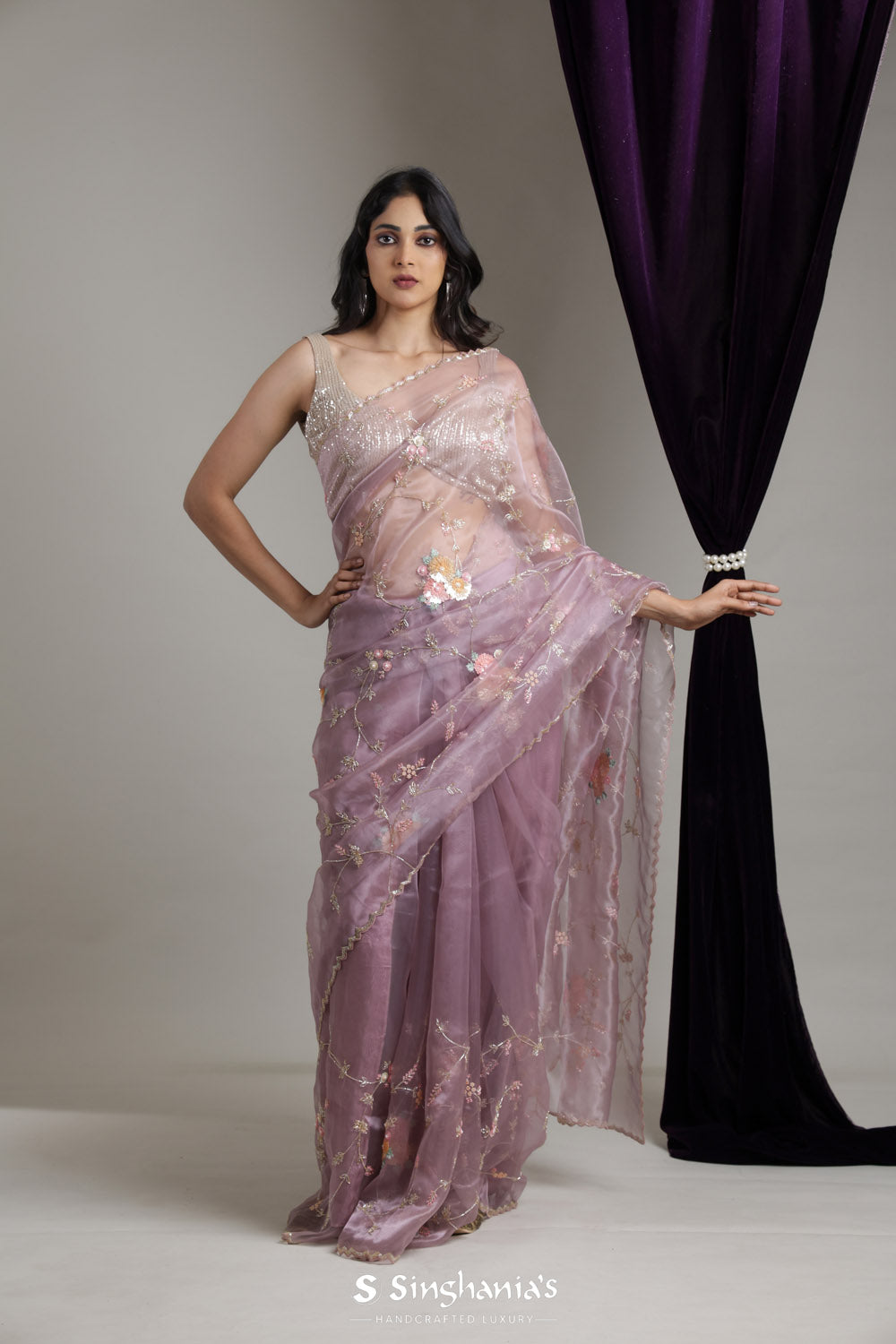 Pale Purple Designer Organza Saree With Hand Embroidery