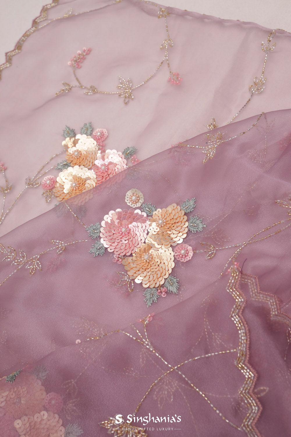 Pale Purple Designer Organza Saree With Hand Embroidery