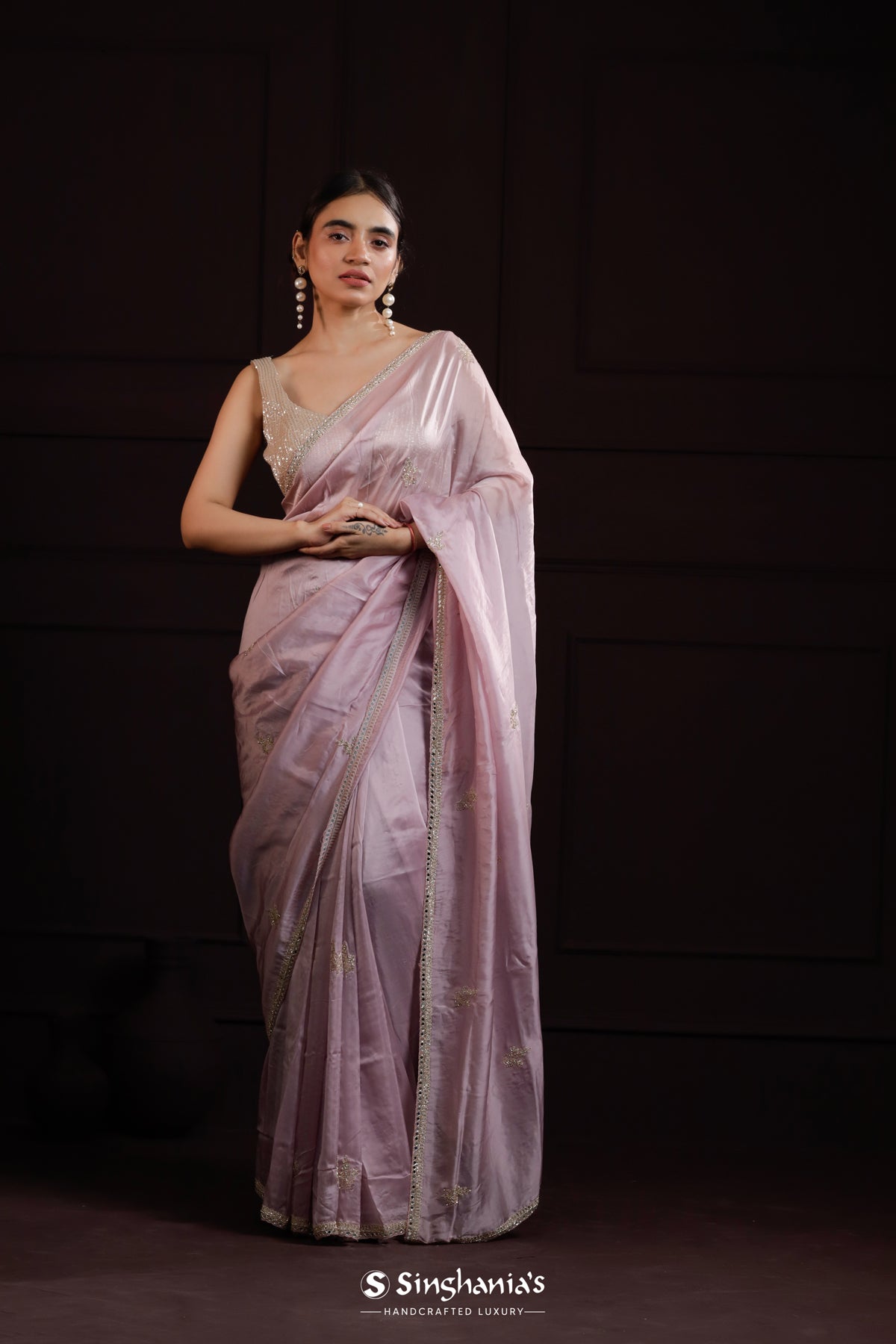 Pale Pink Designer Organza Saree With Hand Embroidery