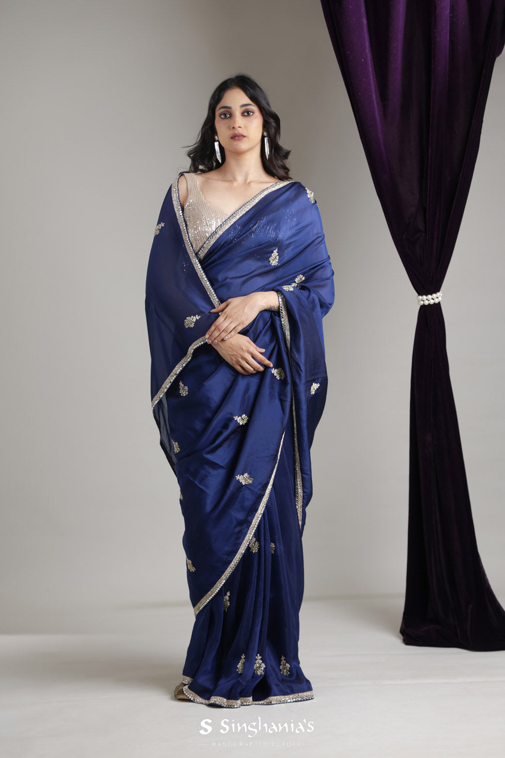 Prussian Blue Organza Saree With Hand Embroidery