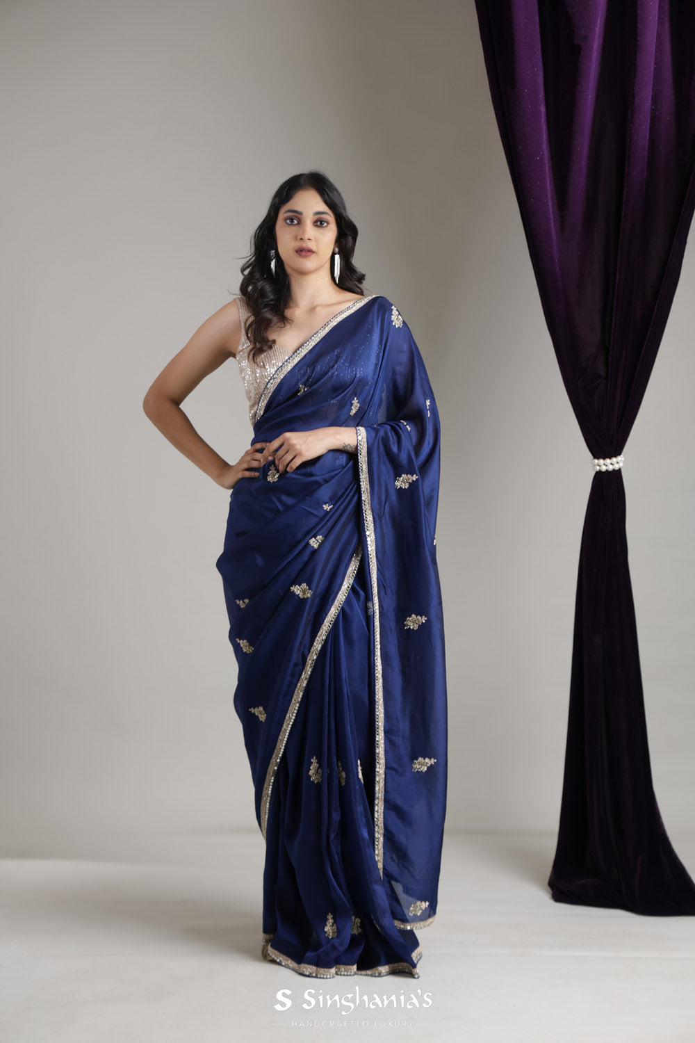 Prussian Blue Organza Saree With Hand Embroidery