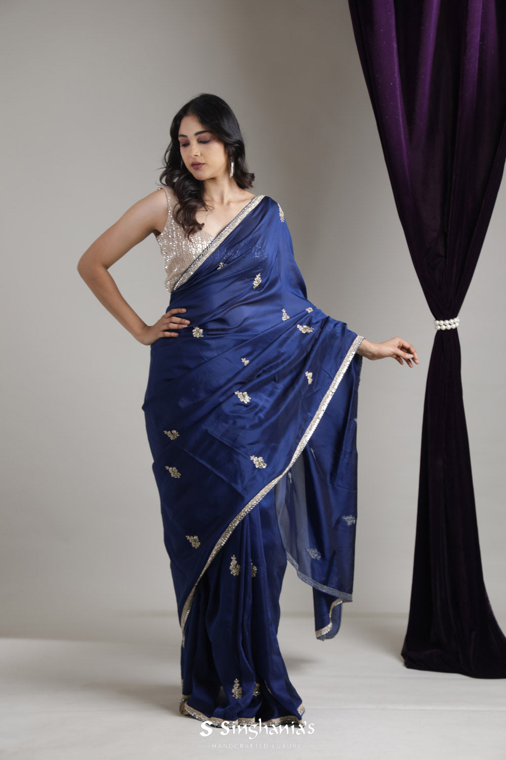 Prussian Blue Organza Saree With Hand Embroidery