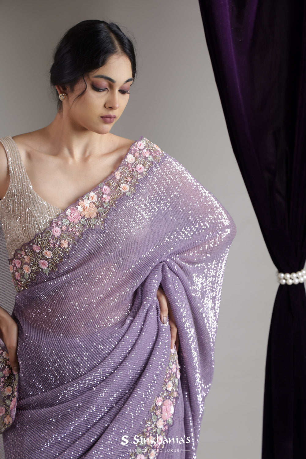 Light Purple Designer Net Saree With Embroidery Border