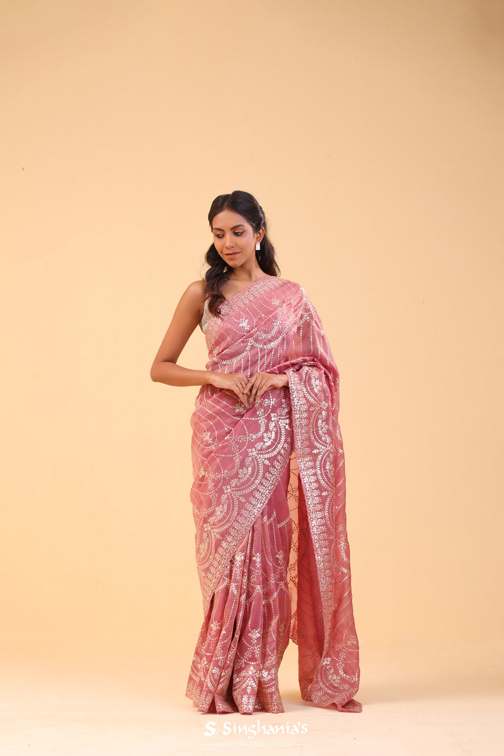 Nadeshiko Pink Tissue Handcrafted Saree