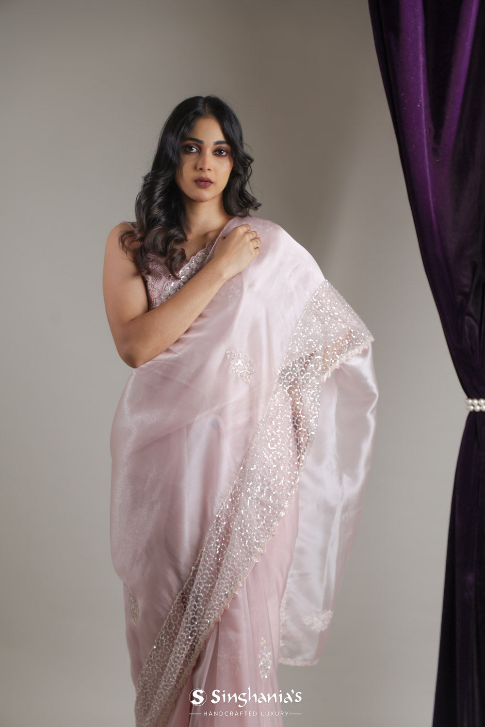 Dusty Pink Designer Organza Saree With Floral Butti Embroidery