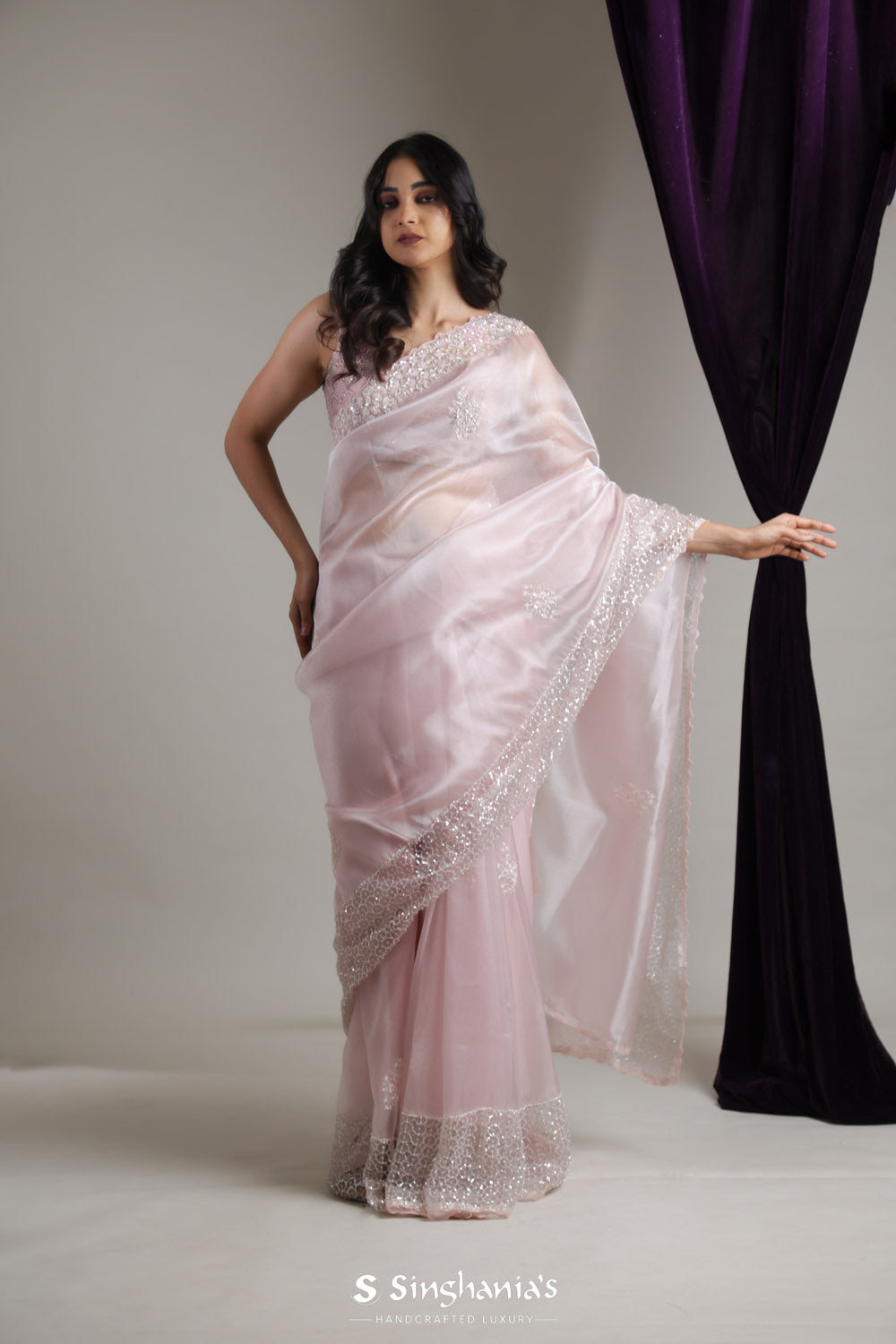 Dusty Pink Designer Organza Saree With Floral Butti Embroidery