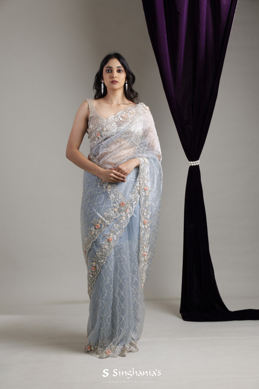 Beau Blue Designer Organza Saree With Hand Embroidery